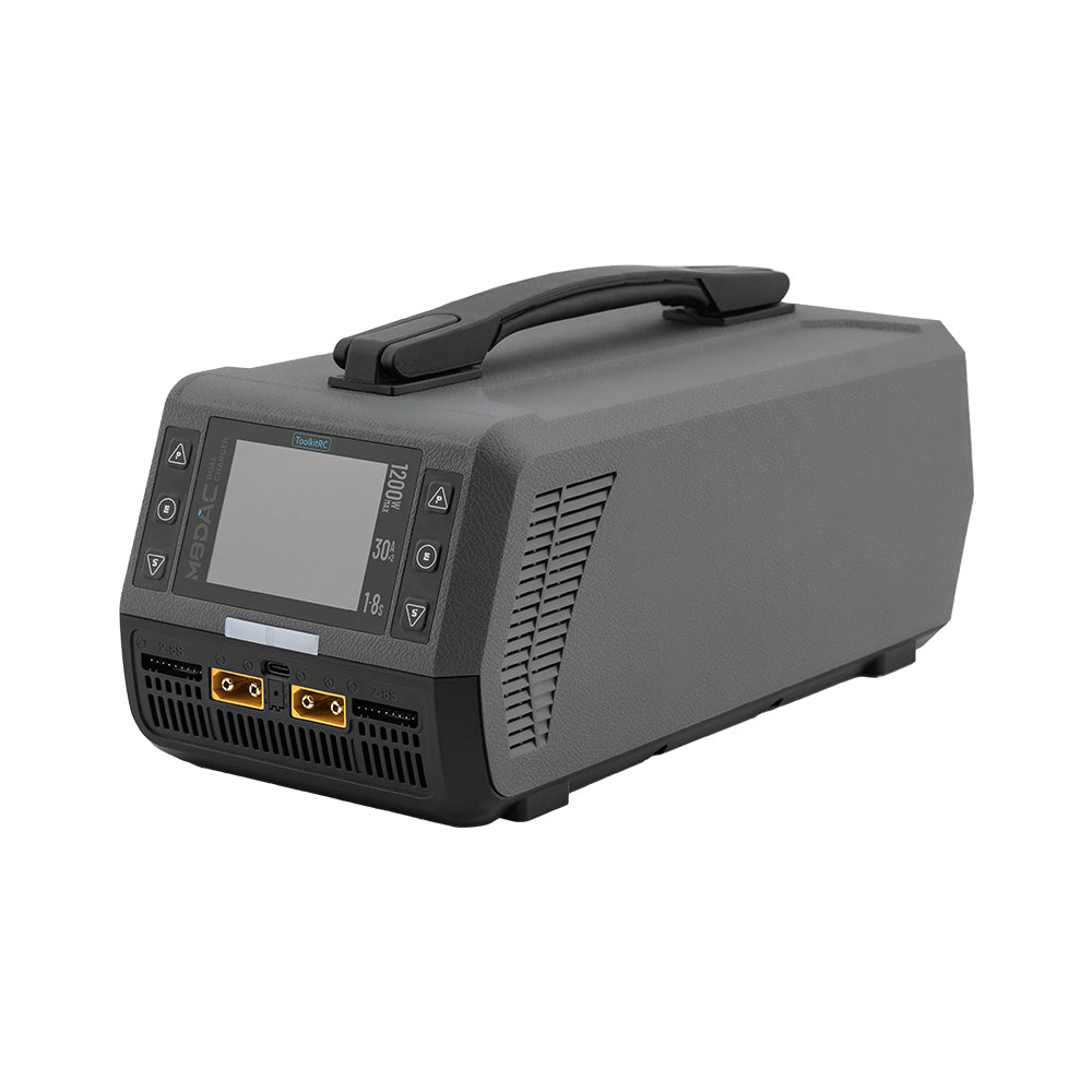 Front angled view of ToolkitRC M8DAC smart battery charger