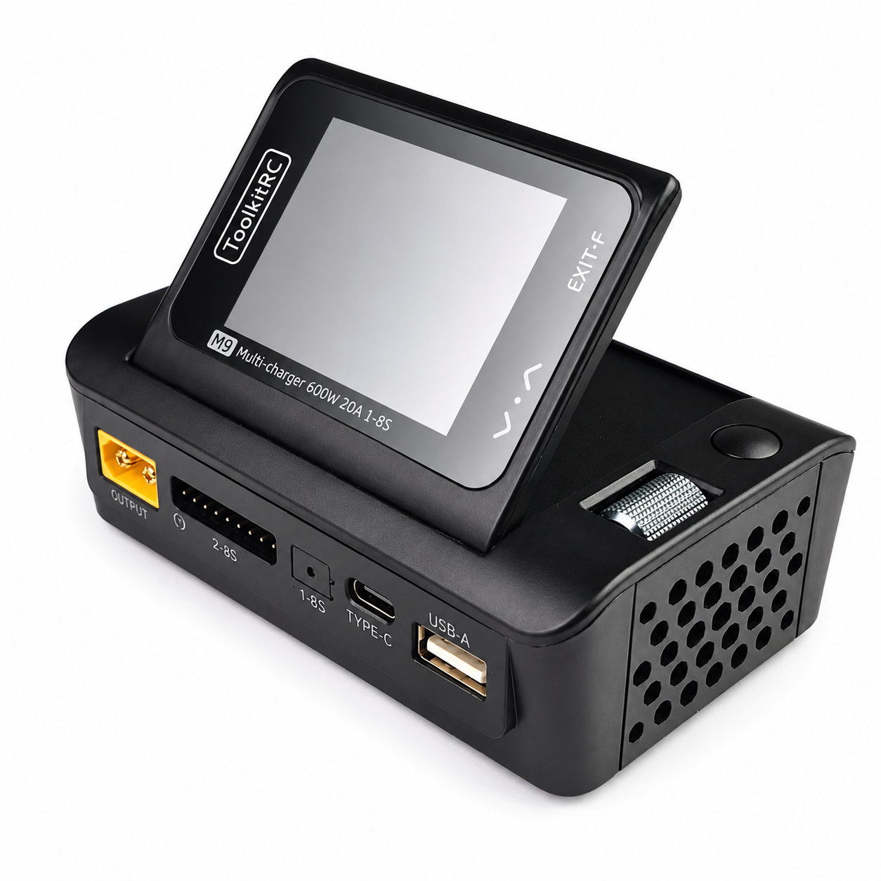 Angled front view of ToolkitRC M9 smart charger