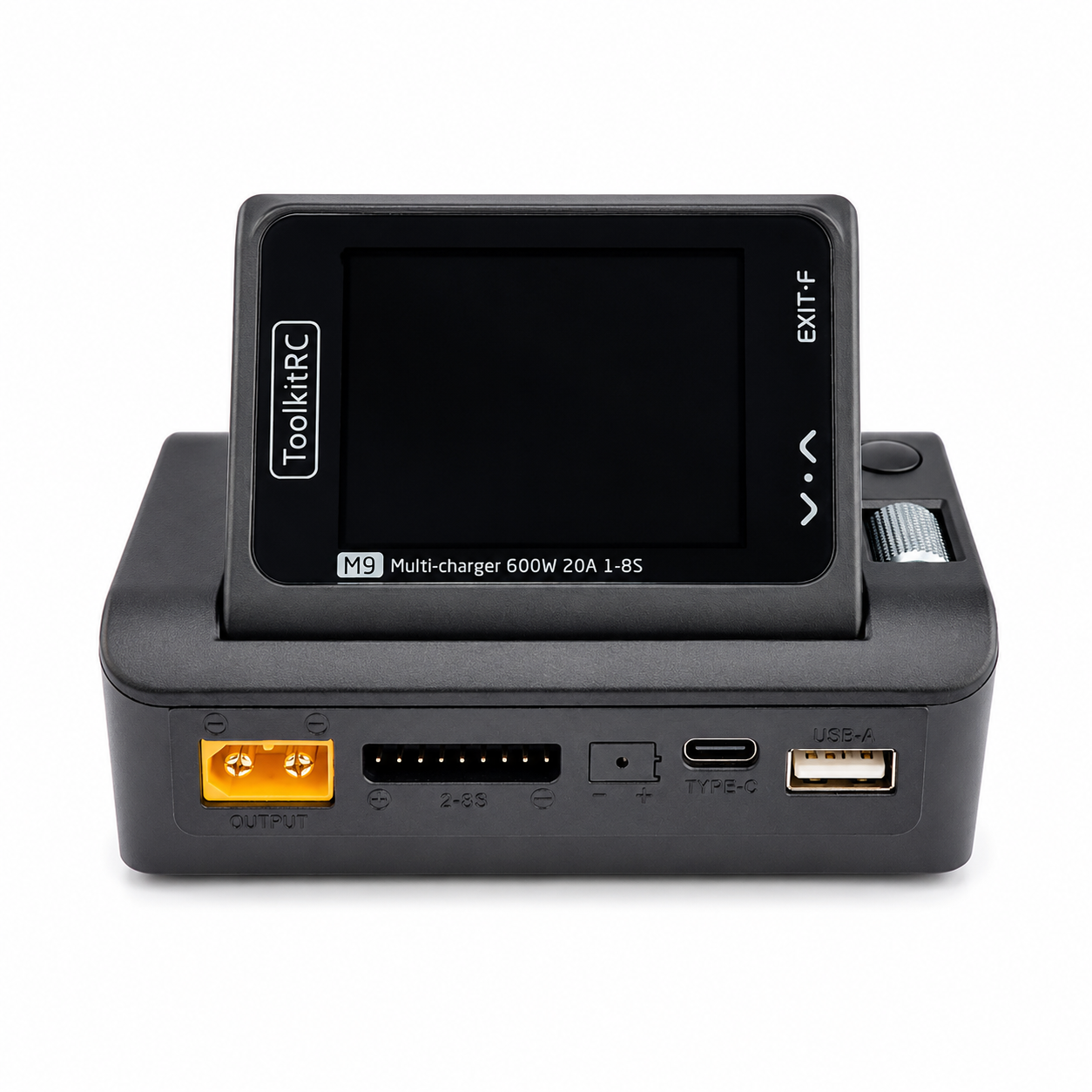 Front panel controls and display of ToolkitRC M9 charger