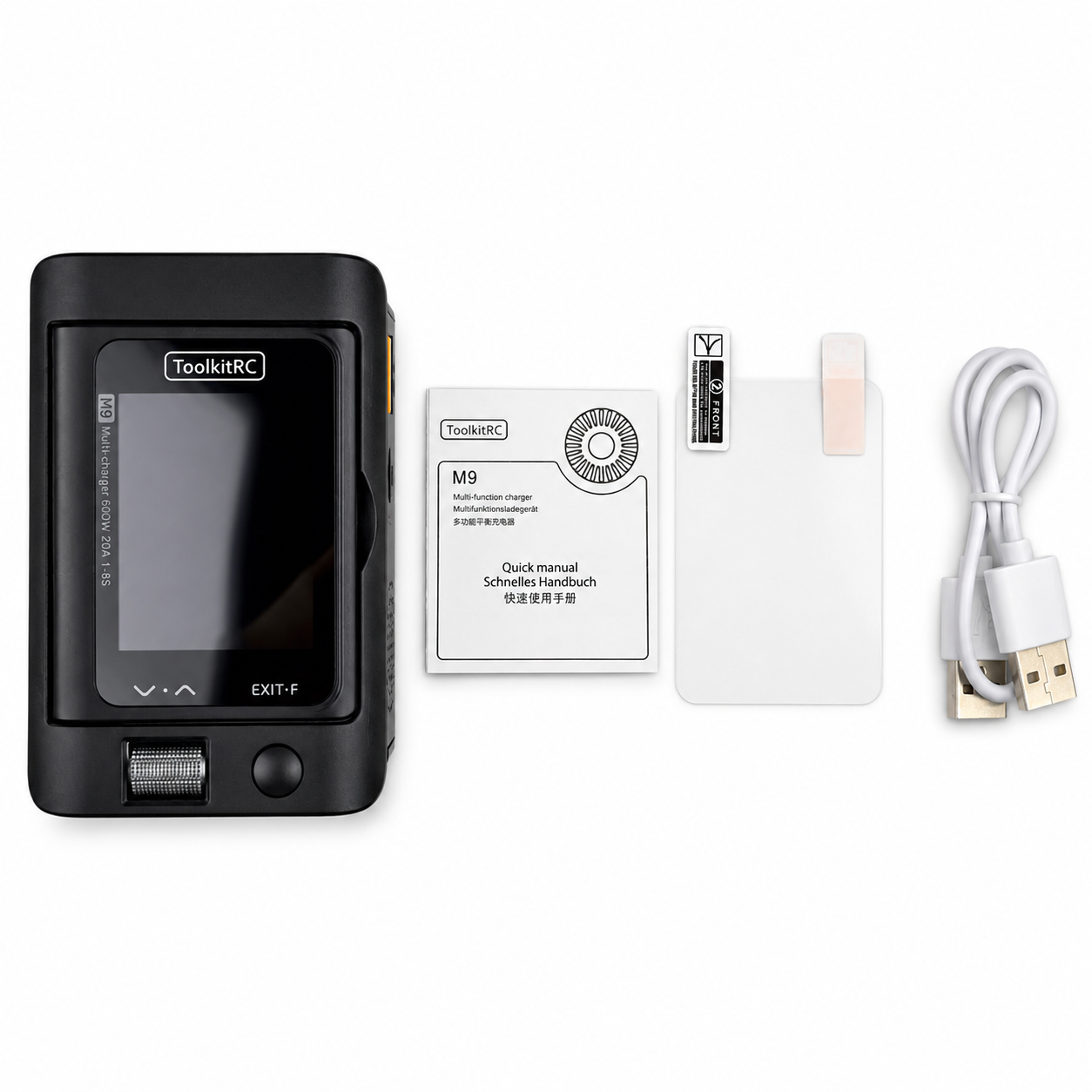 ToolkitRC M9 charger package contents with accessories