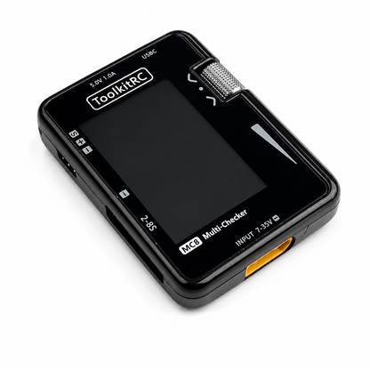 Angled front view of ToolkitRC MC8 battery multi checker