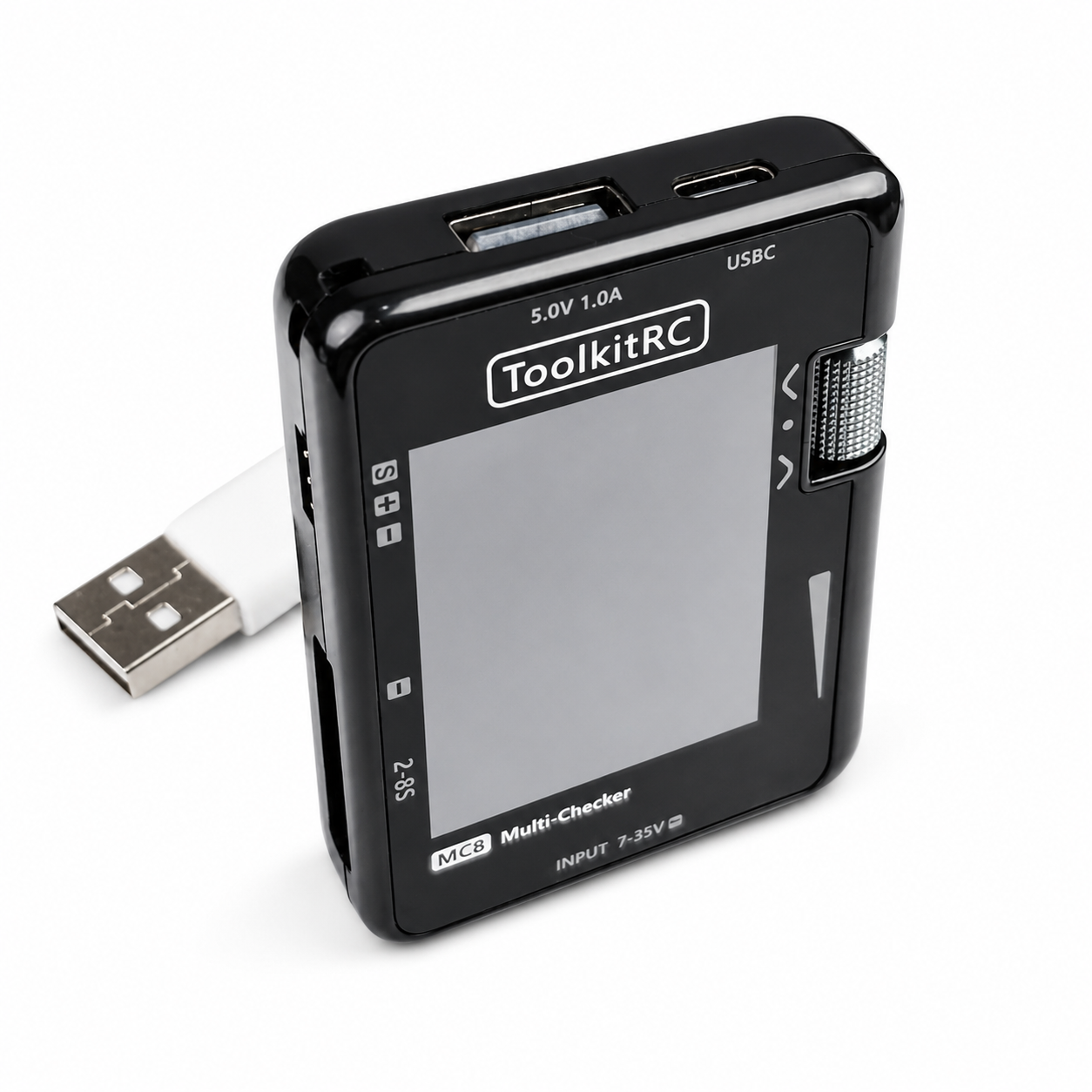 Side profile of ToolkitRC MC8 battery multi checker