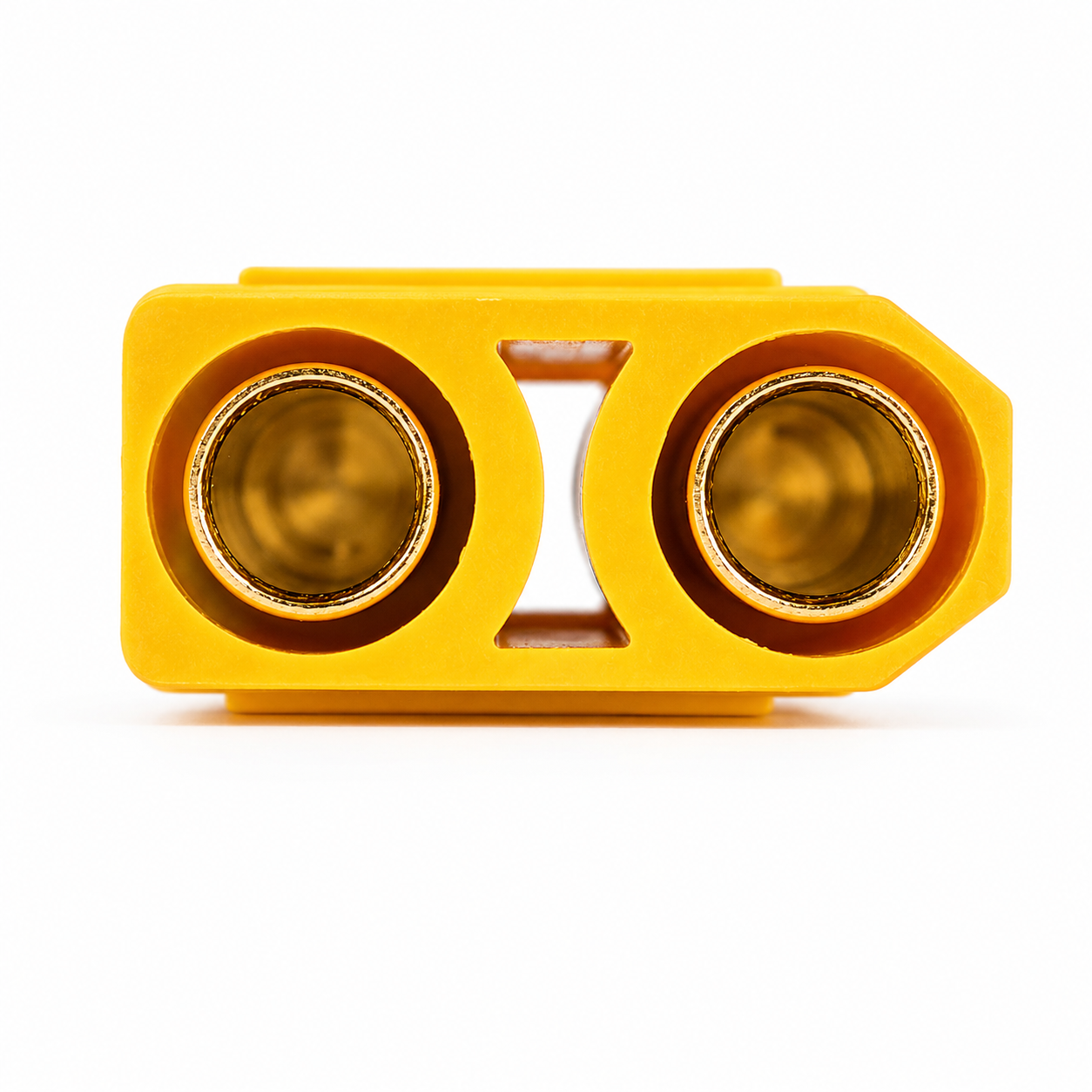 Close-up of gold plated terminals in Amass XT90 female connector.