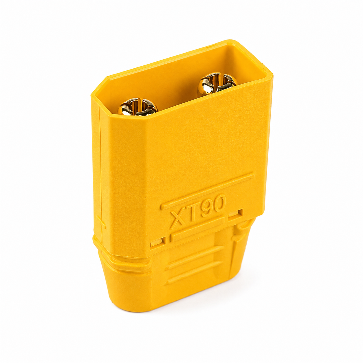Side view of Amass XT90 male connector with nylon housing.