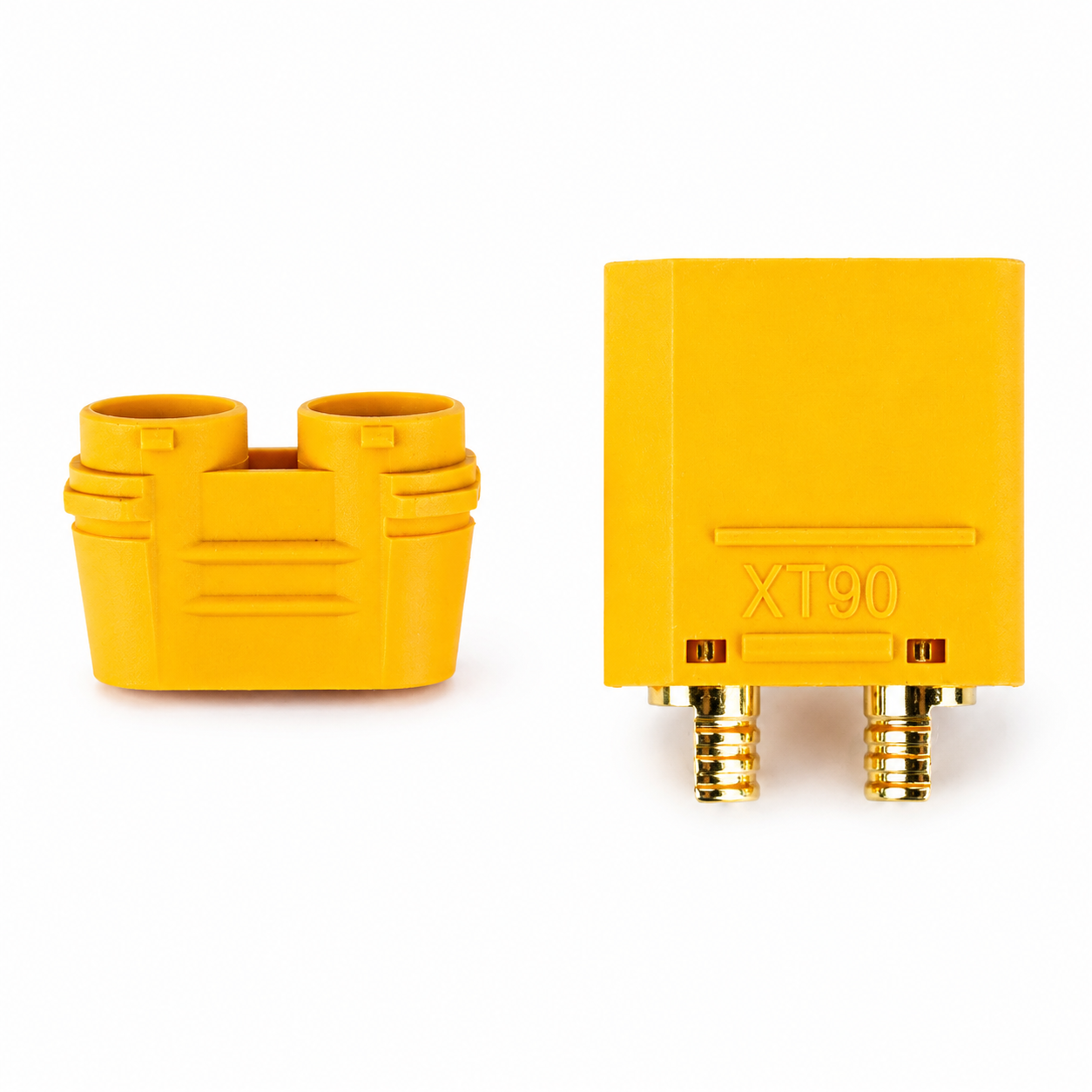 Amass XT90 male connector with matching yellow housing cap.