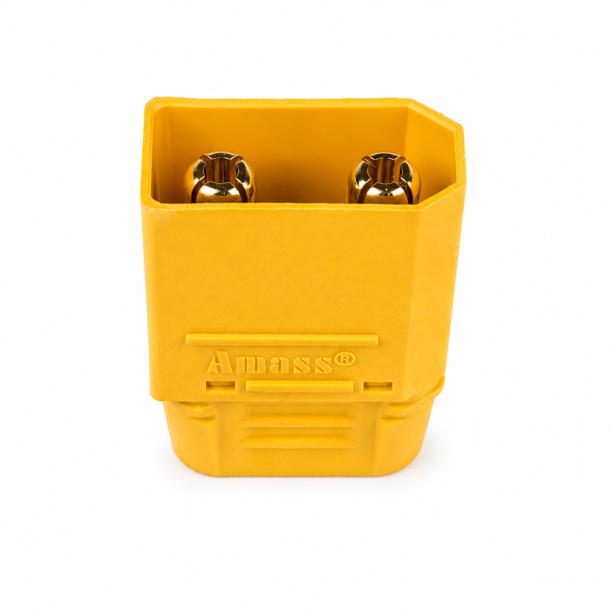 Front terminal view of Amass XT90 male battery connector.