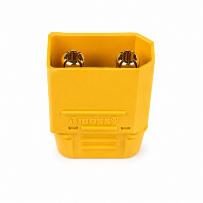 Front terminal view of Amass XT90 male battery connector.